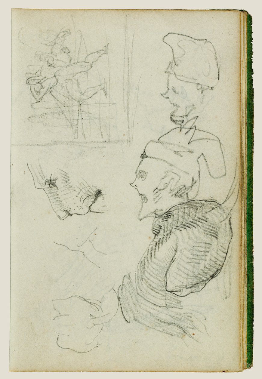 Studium lwa, studium grupy kompozycyjnej, dwa karykaturalne studia głowy autorstwa Theodore Gericault