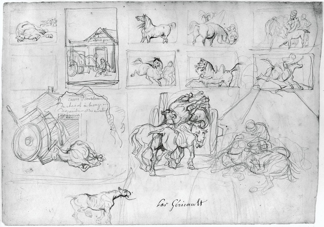 Studium koni (strona przednia); Wóz, za którym podąża osoba niosąca tablicę (strona tylna) autorstwa Theodore Gericault
