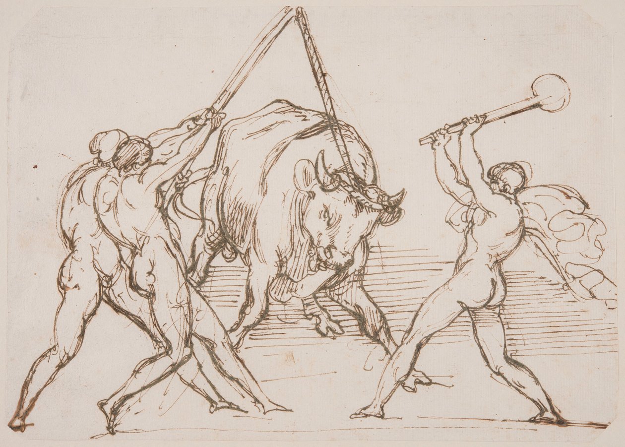 Trzech mężczyzn drażniących byka autorstwa Theodore Gericault