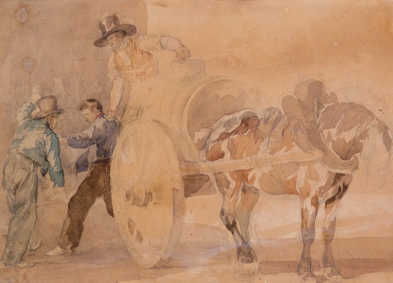 Trzech mężczyzn rozładowujących wózek (akwarela na śladach ołówka na papierze) autorstwa Theodore Gericault