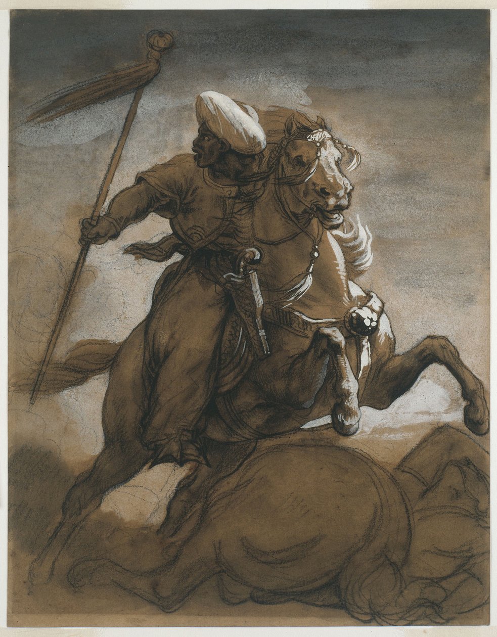 Turecki Cavalier in Combat, ok. 1818 (mycie brązowe, podkreślone gwaszem na papierze) autorstwa Theodore Gericault