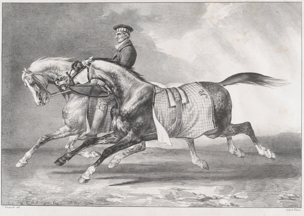 Dwa konie o umaszczeniu szarym cętkowanym podczas treningu autorstwa Theodore Gericault