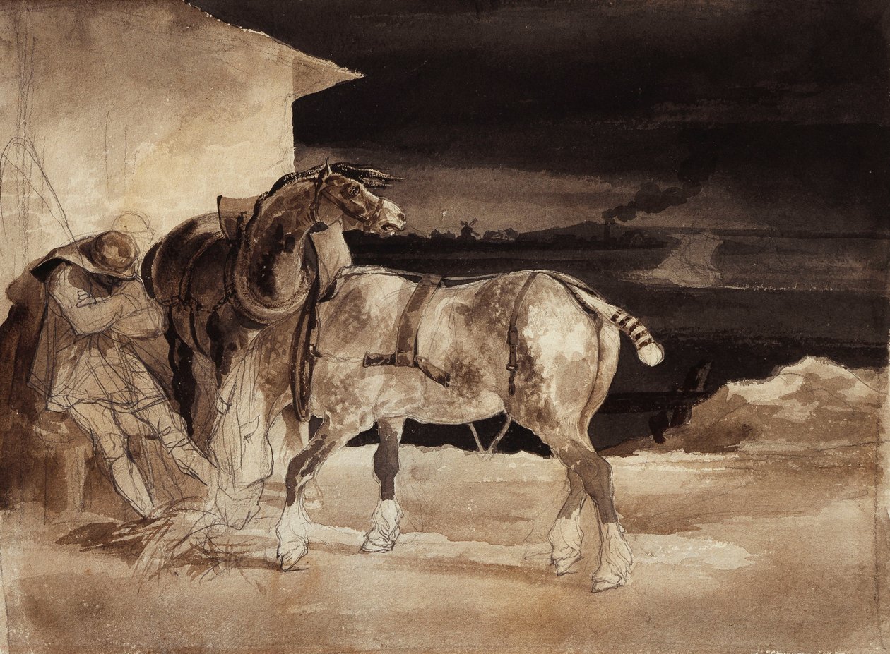 Dwa konie i śpiący pan młody, ok. 1822-1823 autorstwa Theodore Gericault