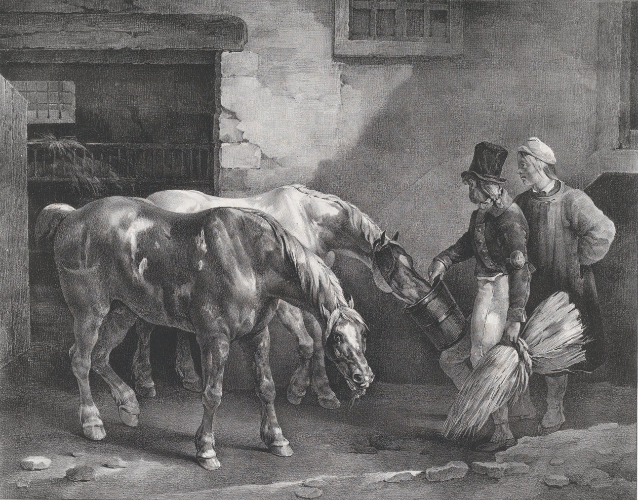 Dwa konie pocztowe przy drzwiach stajni, 1822. autorstwa Theodore Gericault
