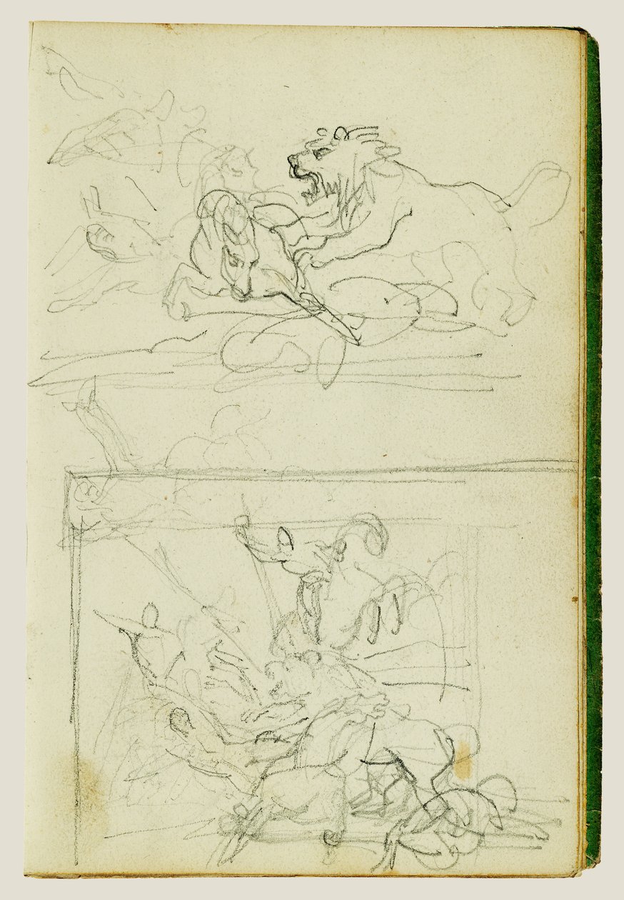 Dwa szkice kompozycyjne przedstawiające polowanie na lwa autorstwa Theodore Gericault