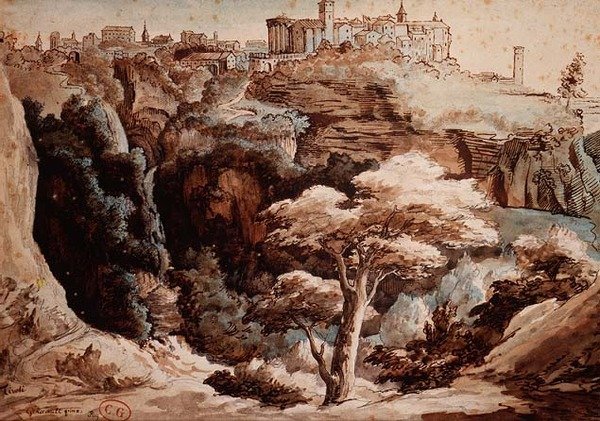 Widok Tivoli (ołówek, długopis i brązowy tusz, akwarela) autorstwa Theodore Gericault