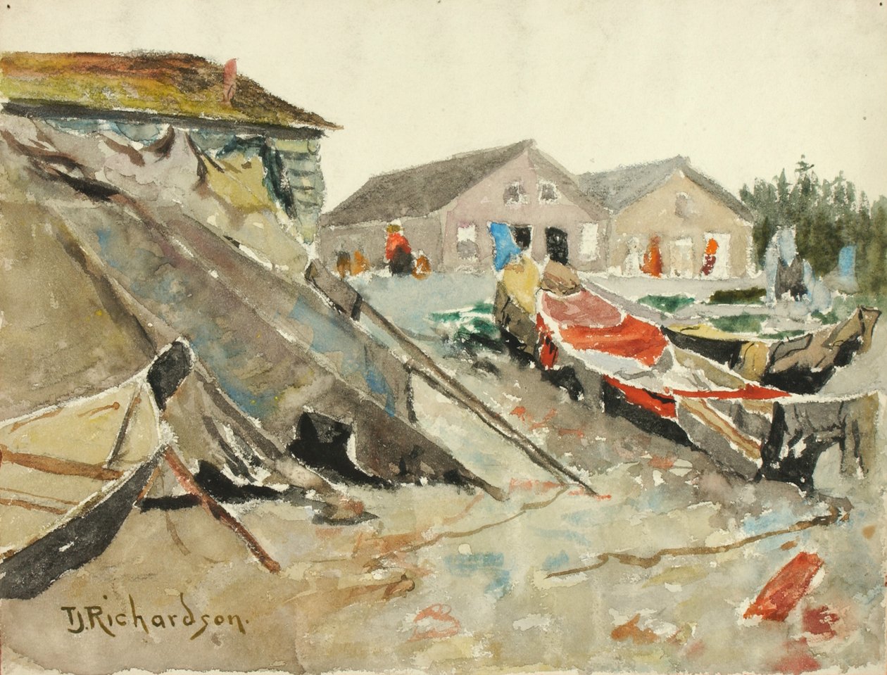 Suszenie koców nad kajakami, ca. 1890-1914. autorstwa Theodore J. Richardson