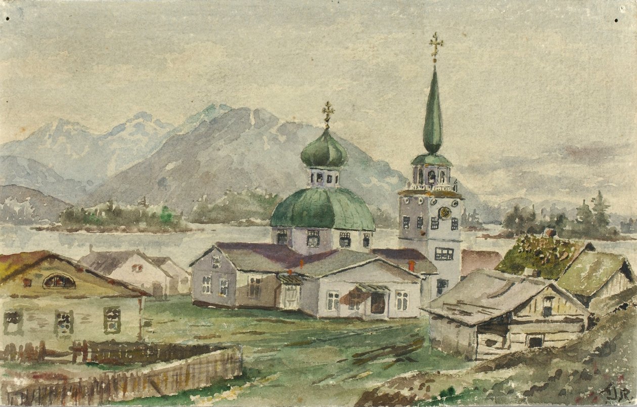 Widok z tyłu greckiego kościoła, Sitka, 1888 r. autorstwa Theodore J. Richardson