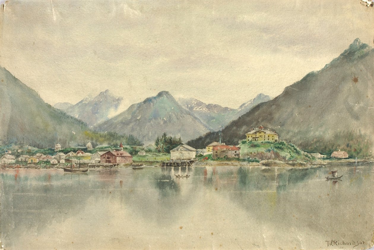 Sitka od strony wysp, z rosyjskim zamkiem, 1888 r. autorstwa Theodore J. Richardson