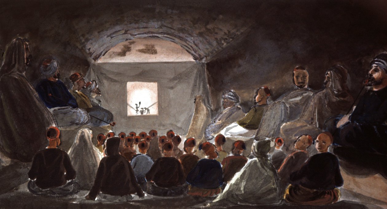 Przedstawienie kukiełkowe w szkole w Algierii, ok. 1830 r. (akwarela) autorstwa Theodore Leblanc