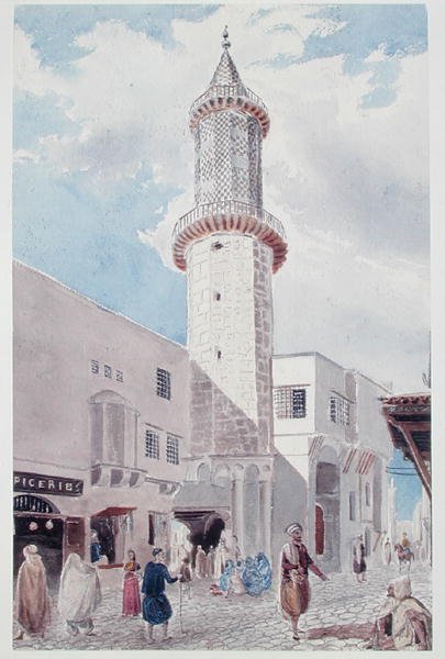 Minaret meczetu przy Rue de Chartres i Rue Bab-Azoun, Algier (akwarela na papierze) autorstwa Theodore Leblanc