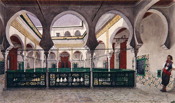 Widok wewnętrznego dziedzińca domu w Algierze, ok. 1830 r. (akwarela na papierze) autorstwa Theodore Leblanc