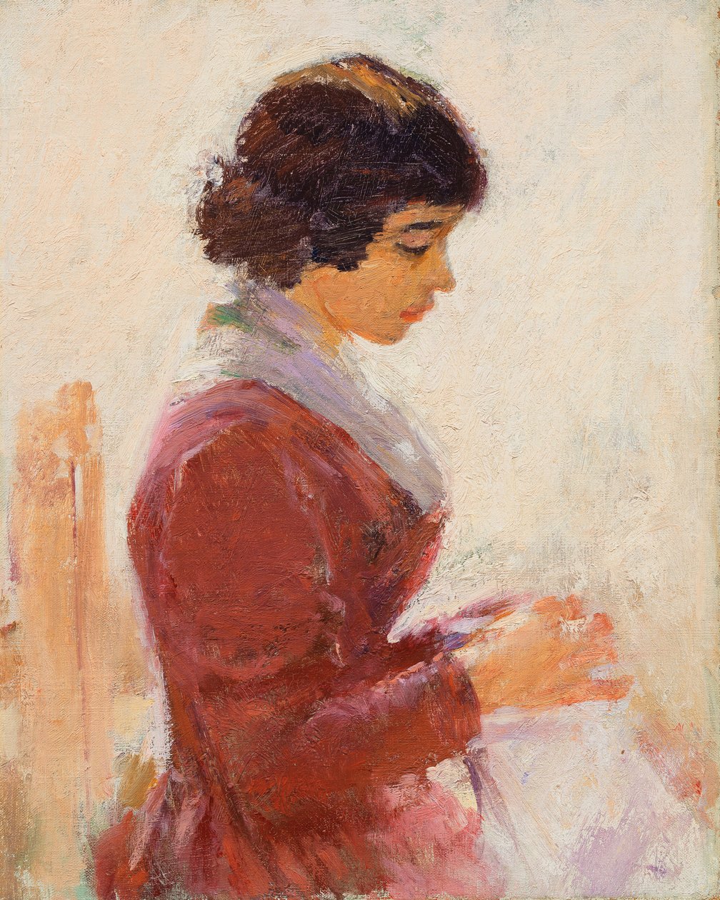 Dziewczyna w czerwieni, Szycie, autorstwa Theodore Robinson
