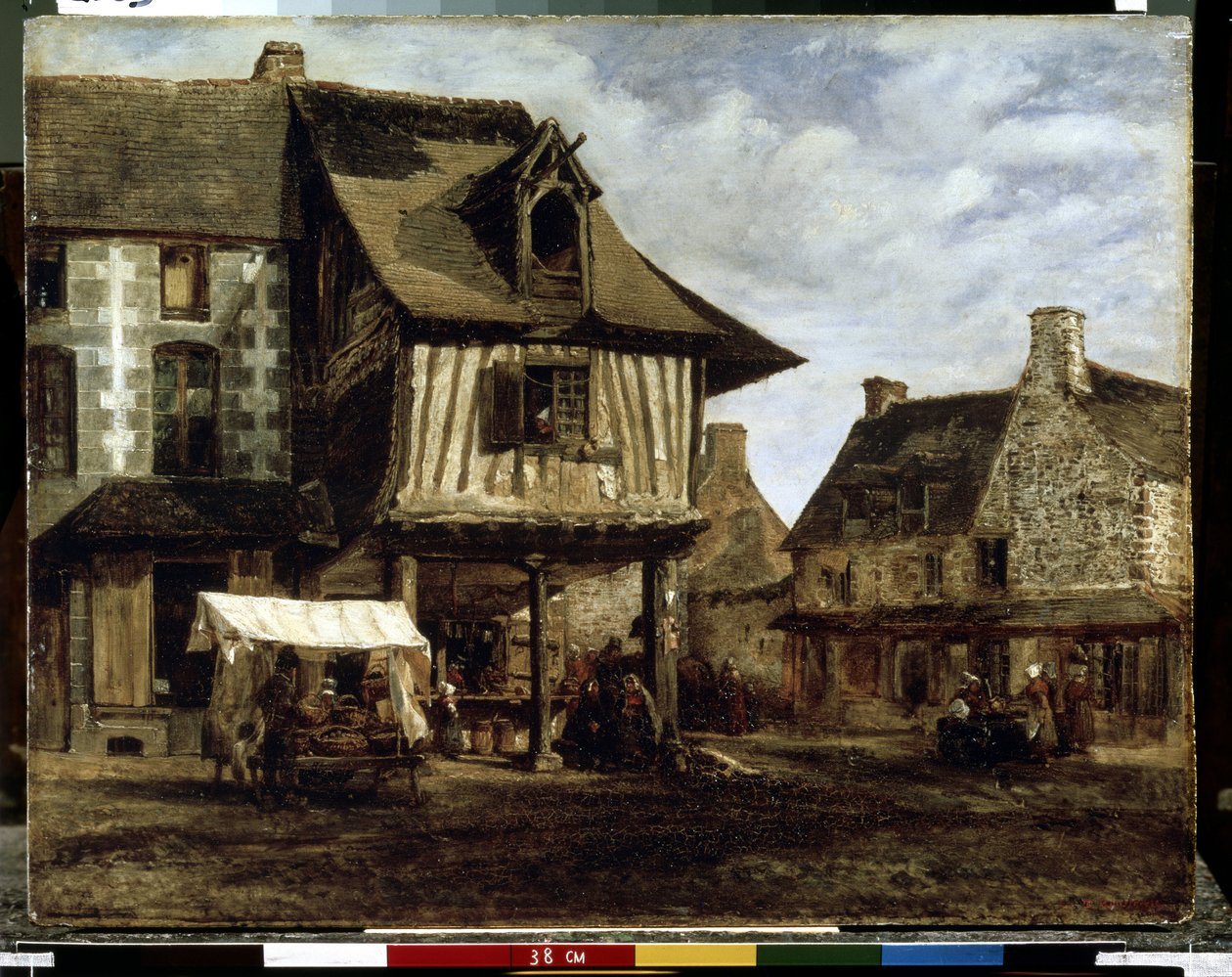 Rynek w Normandii (domy z muru pruskiego) (Rynek w Normandii). Obraz Theodore Rousseau (1812-1867). Olej na drewnie, 29,5 x 38 cm, ok. 1830. Sztuka francuska z Barbizon. Muzeum Ermitażu w Sankt Petersburgu. autorstwa Theodore Rousseau