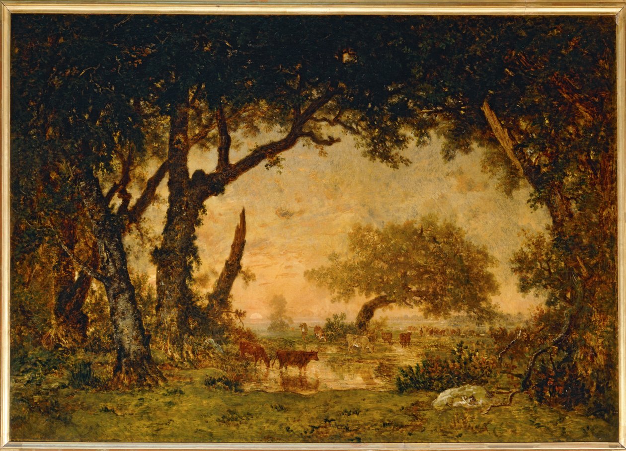 Wyjście z lasu w Fontainebleau, zachód słońca... autorstwa Theodore Rousseau
