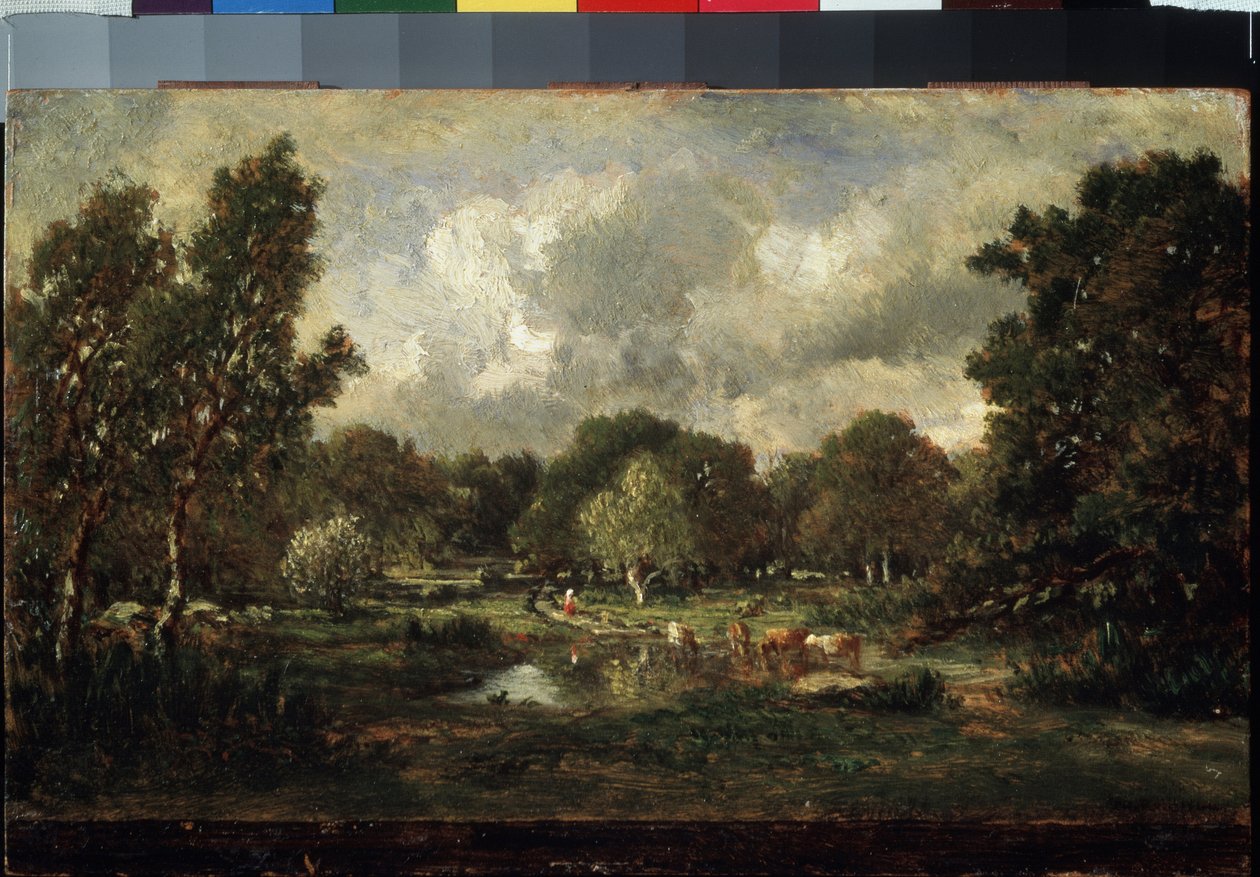 Krowy w wodopoju. Obraz Theodore Rousseau (1812-1867). Olej na drewnie autorstwa Theodore Rousseau