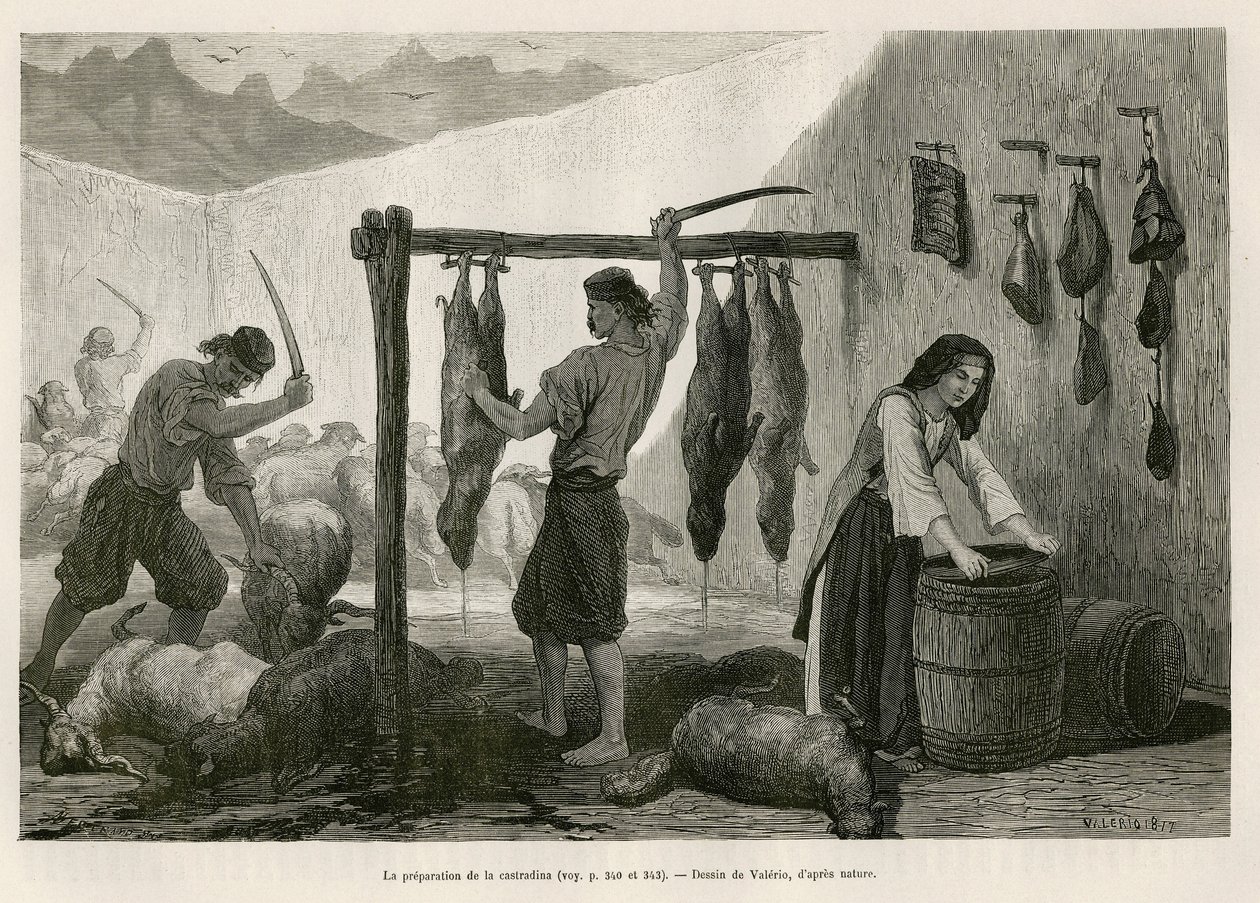 Przygotowanie kastradyny, specjalności mięsa owczego i koziego solonego i bucanee, pod koniec października w Dalmacji (Istria i Hercegowina (Chorwacja)), rysunek Valerio, ilustrujący podróż do Czarnogóry w 1874 roku przez Karola Yriarte autorstwa Theodore Valerio