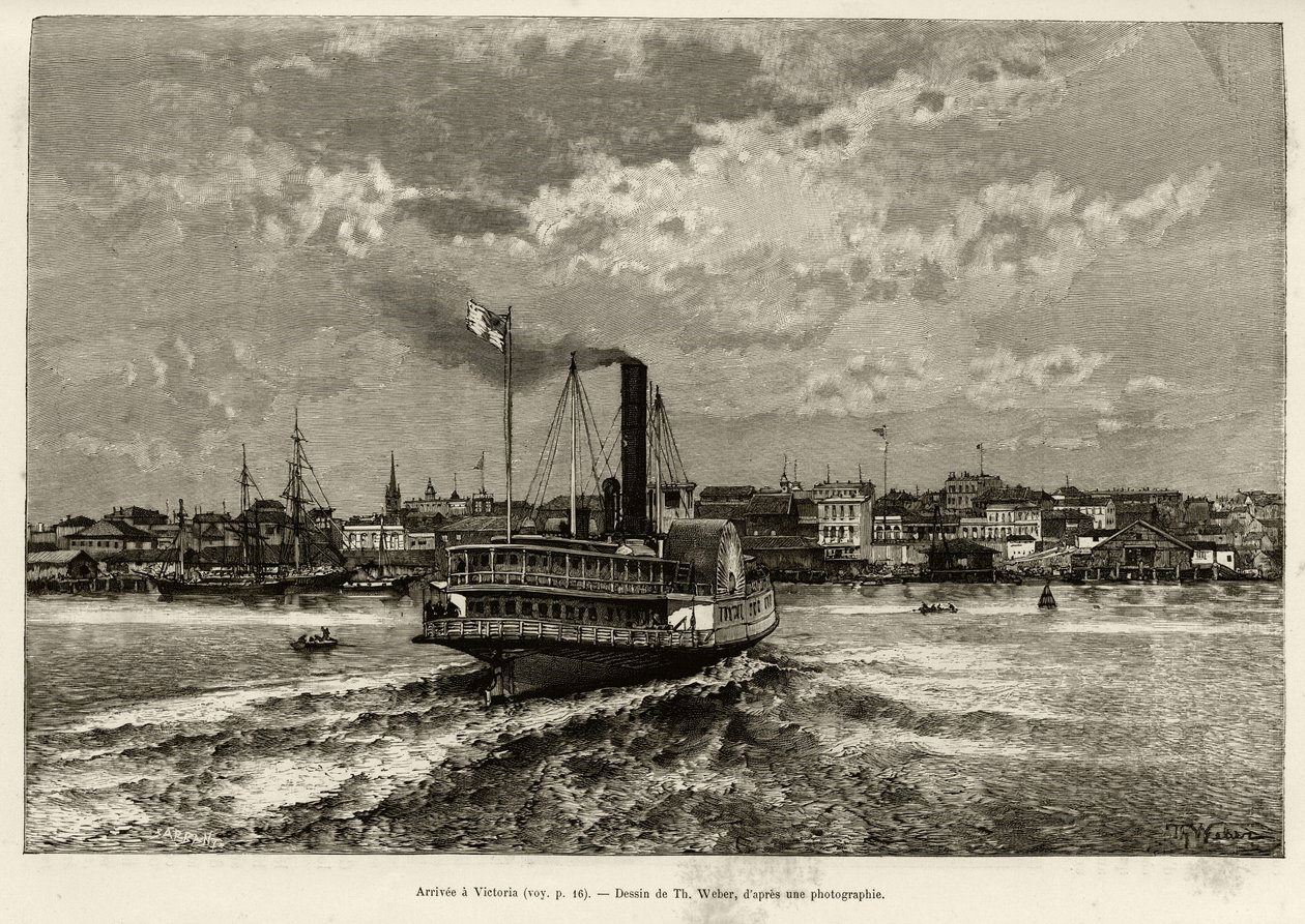 Przylot do Wiktorii w Kanadzie. Grawerowanie autorstwa Th.Webera, aby zilustrować historię „”Transcanadien and Alaska”” E.Cotteau, w 1890, w Le tour du monde, nouveau journal des voyages, pod redakcją Edouarda Chartona (1807-1890), 2. semestr 1891 , wydani autorstwa Theodore Weber