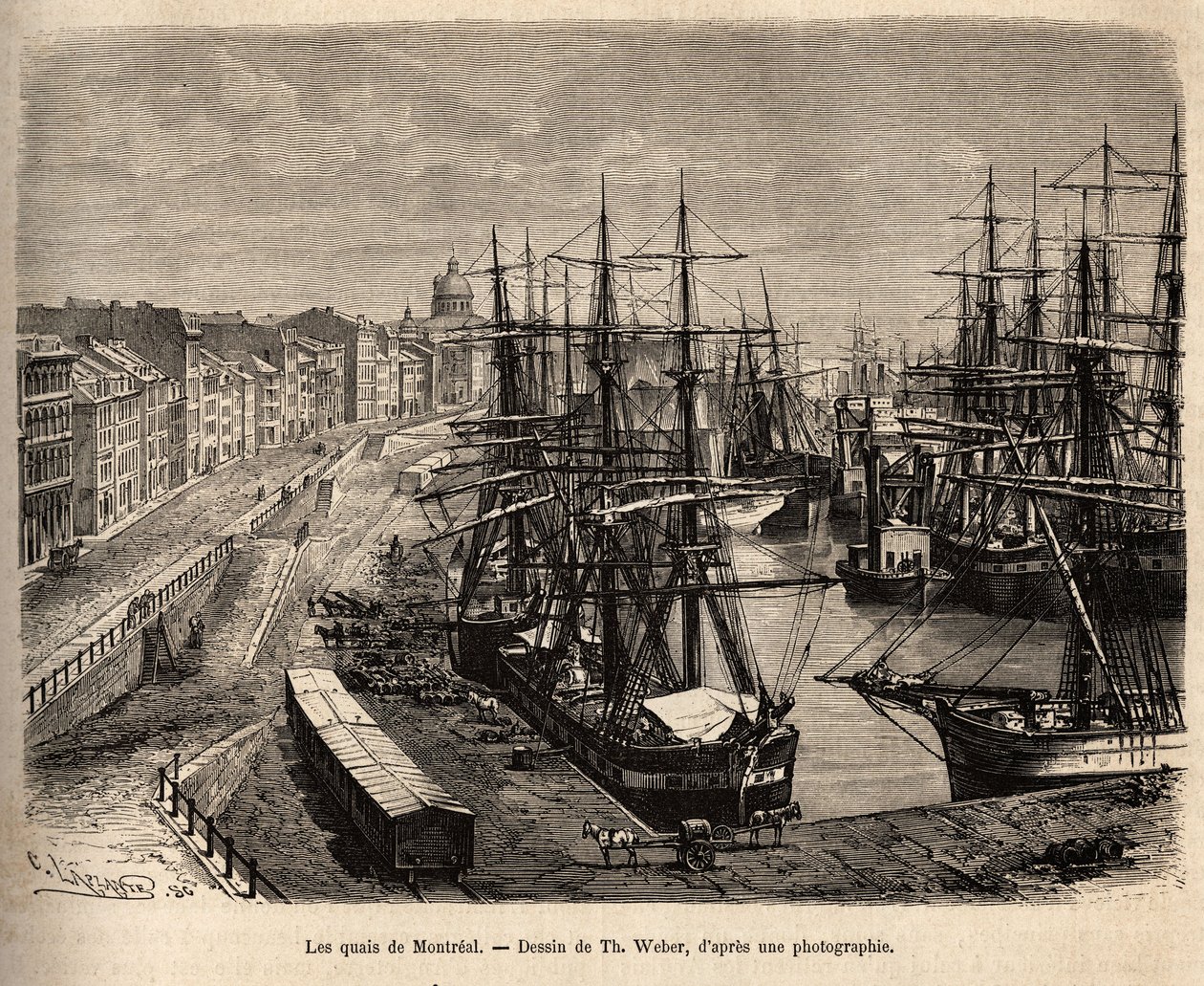 Les quais de Montreal, rycina wg rysunku Th. Weber, ilustrujący wycieczkę do Kanady i Riviere Rouge du nord, H. De Lamotte, w 1873, opublikowany w „Le tour du monde”” 1875, pod redakcją Edouarda Chartona, wyd. Hachette, Paryż. Własna autorstwa Theodore Weber