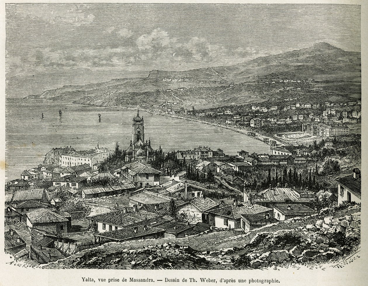 Jałta, zaczerpnięta z Massandry, rysunek Th.Webera, aby zilustrować historię Cztery miesiące w Rosji, w 1876 roku, autorstwa F. De Mely. Grawerowanie w Le tour du monde autorstwa Theodore Weber