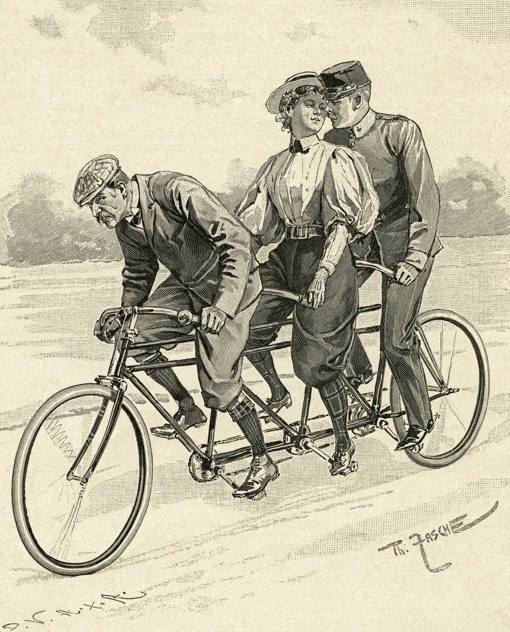 Rower dla trzech osób, zwany rowerem tandem autorstwa Theodore Zasche