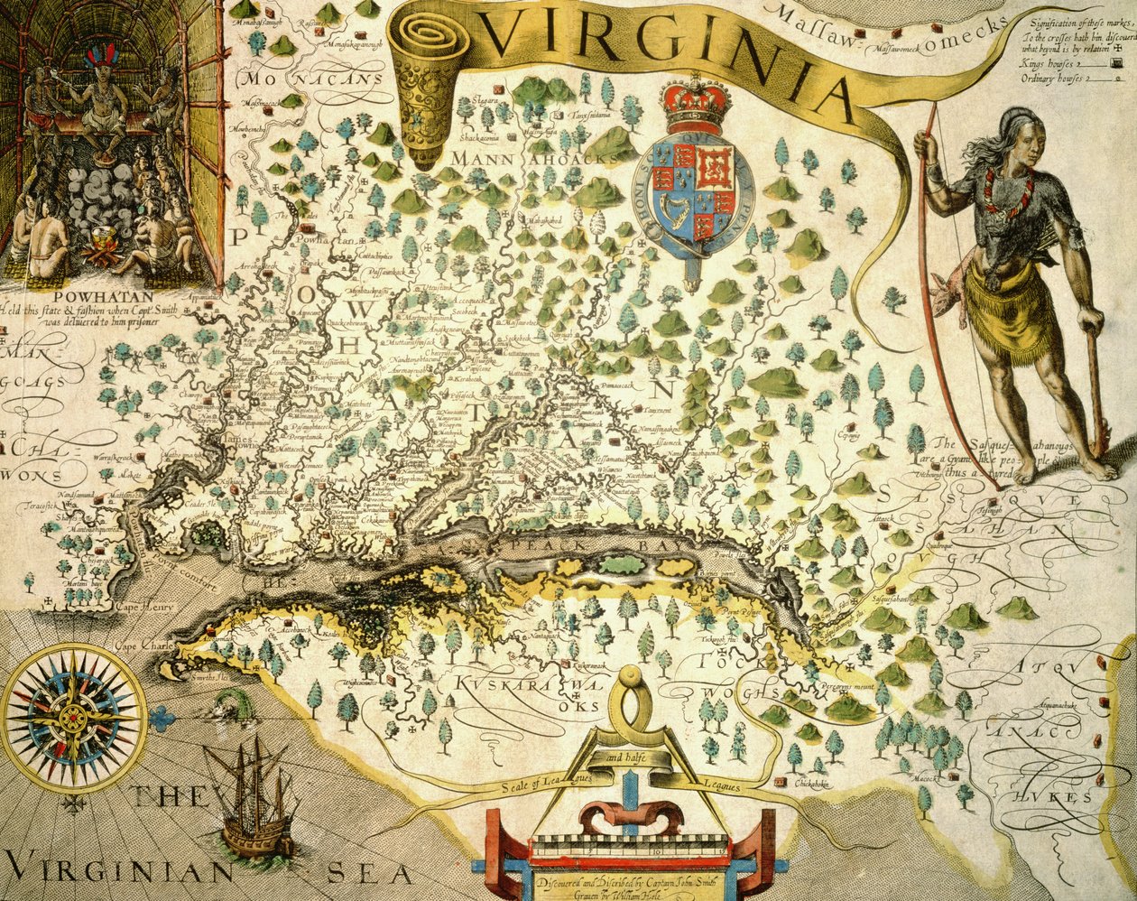 Sloane MS 1622 Mapa stanu Wirginia, przedstawiająca w lewym górnym rogu zdjęcie wodza Powhatana autorstwa Johna Smitha (1580-1631) 1624 (kolorowane ręcznie) autorstwa Theodore de (after) Bry