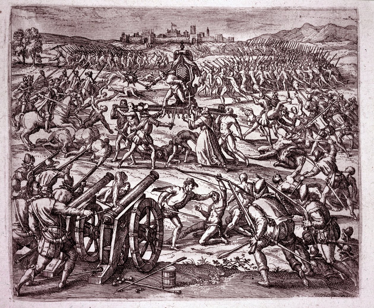Mnich dominikański, czując się wyśmiewany przez króla Inków Atahualpa (Atabaliba), zachęca Francisco Pizarro do szukania zemsty (Grawerowanie autorstwa Theodore de Bry