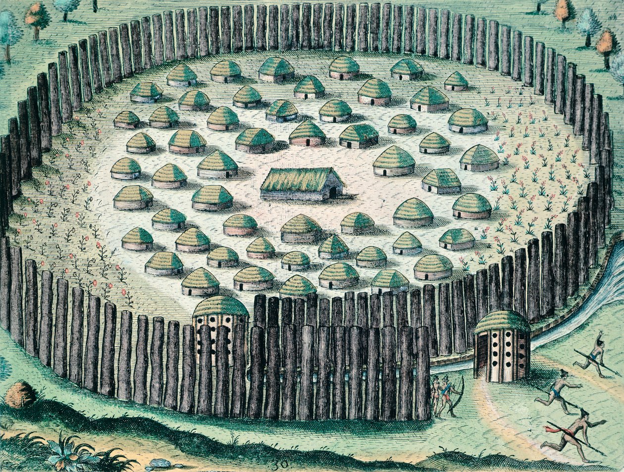Ufortyfikowana wioska indiańska, ilustracja z dyskursu o Florydzie, Theodore de Bry, rycina autorstwa Theodore de Bry