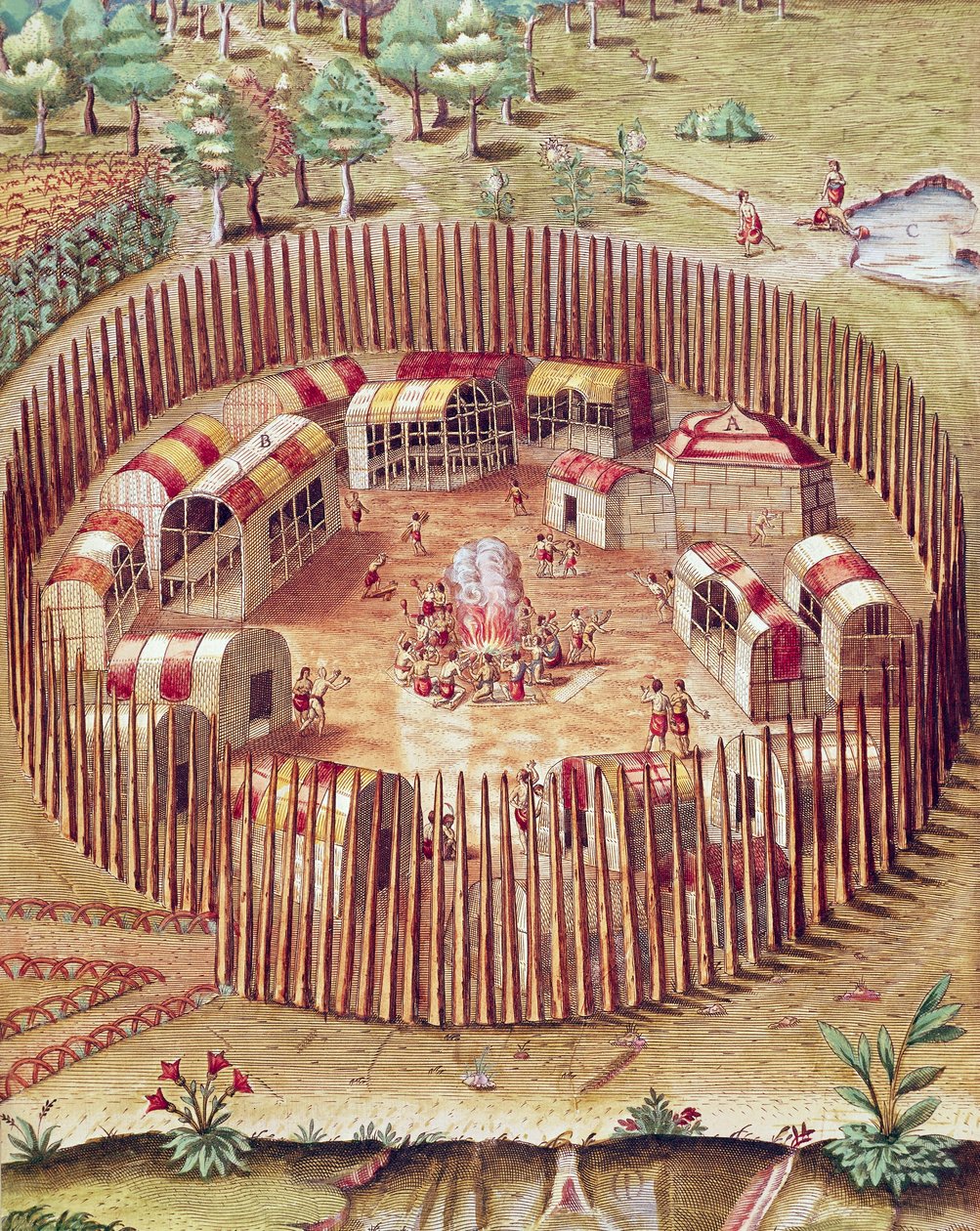 Ufortyfikowana wioska indiańska Pomeiok, ilustracja z Admirandy Narratio, autorstwa Theodore
