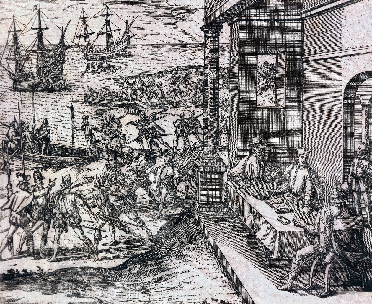 Porozumienie między Francisco Pizarro, Diego de Almagro i Hernando de Luque w celu zbadania i eksploatacji Peru autorstwa Theodore de Bry
