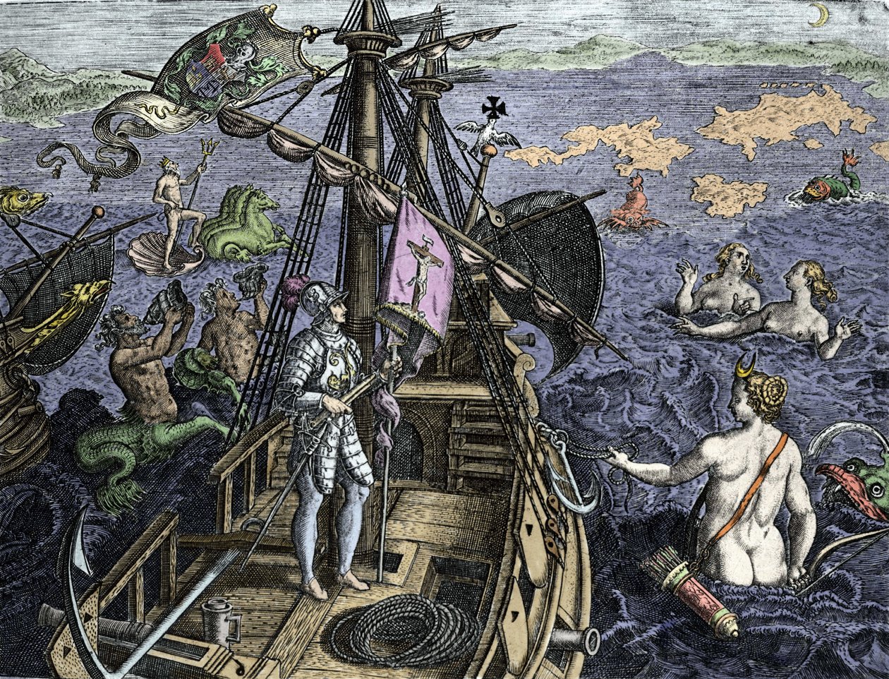 Alegoria des voyages de Christopher Columbus (1451-1506), grawerowanie z „Historia America sive Novi Orbis” Theodora de Bry (1527-1598), Amsterdam 1594 autorstwa Theodore de Bry