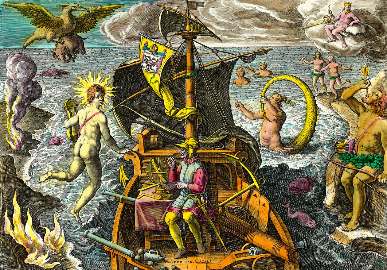 Alegoria na rejsach nawigatora Fernanda de Magellana (1480-1521), przedstawia na swoim statku za pomocą sfery armilarnej i otacza postacie mitologiczne i fantastyczne zwierzęta. Grawer z „Admirante Narratio Americae” Theodore de Bry (1528-159 autorstwa Theodore de Bry