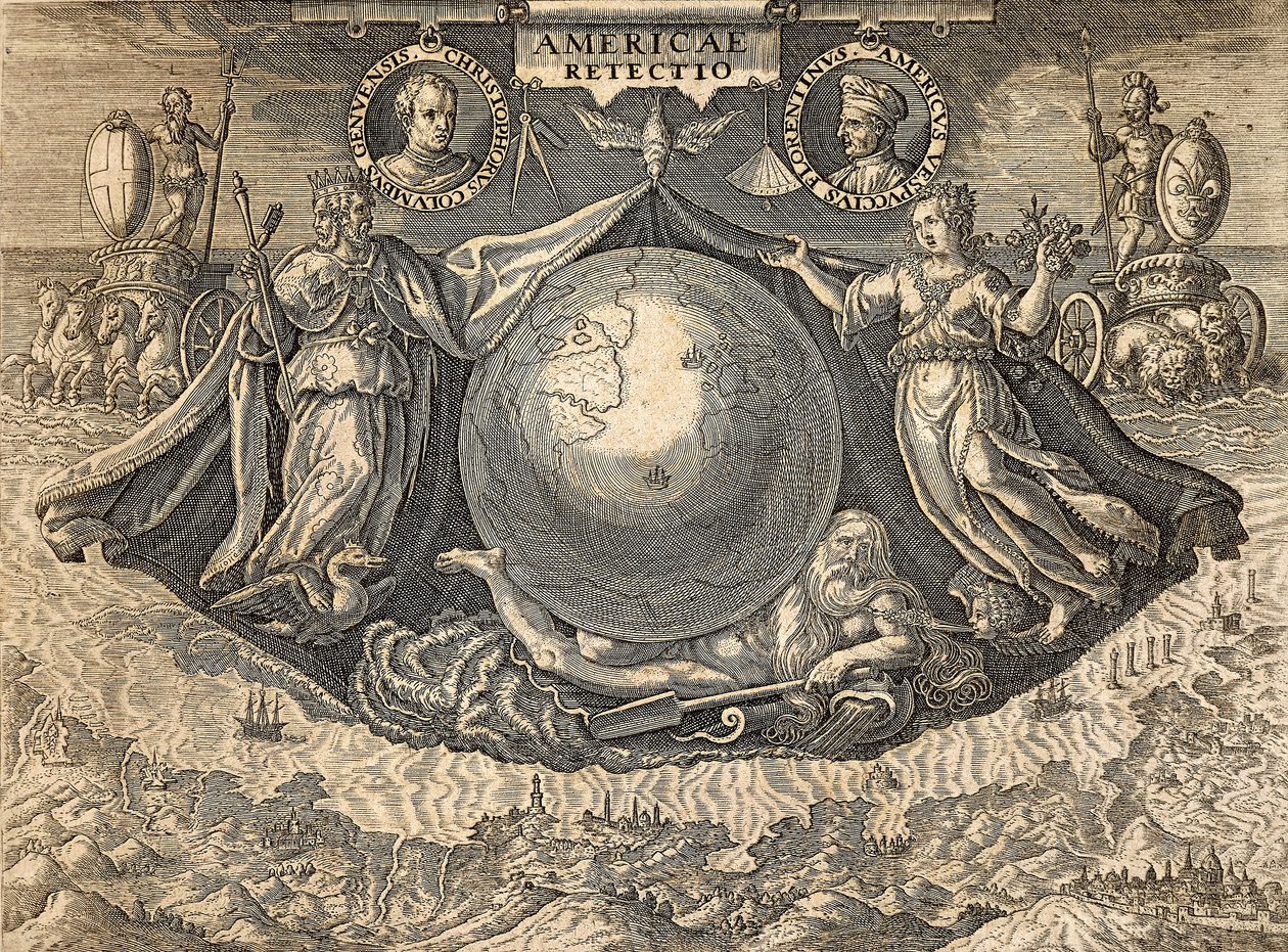 Alegoria Indii Zachodnich lub obu Ameryk, z portretami nawigatorów Krzysztofa Kolumba i Amerigo Vespucci autorstwa Theodore de Bry