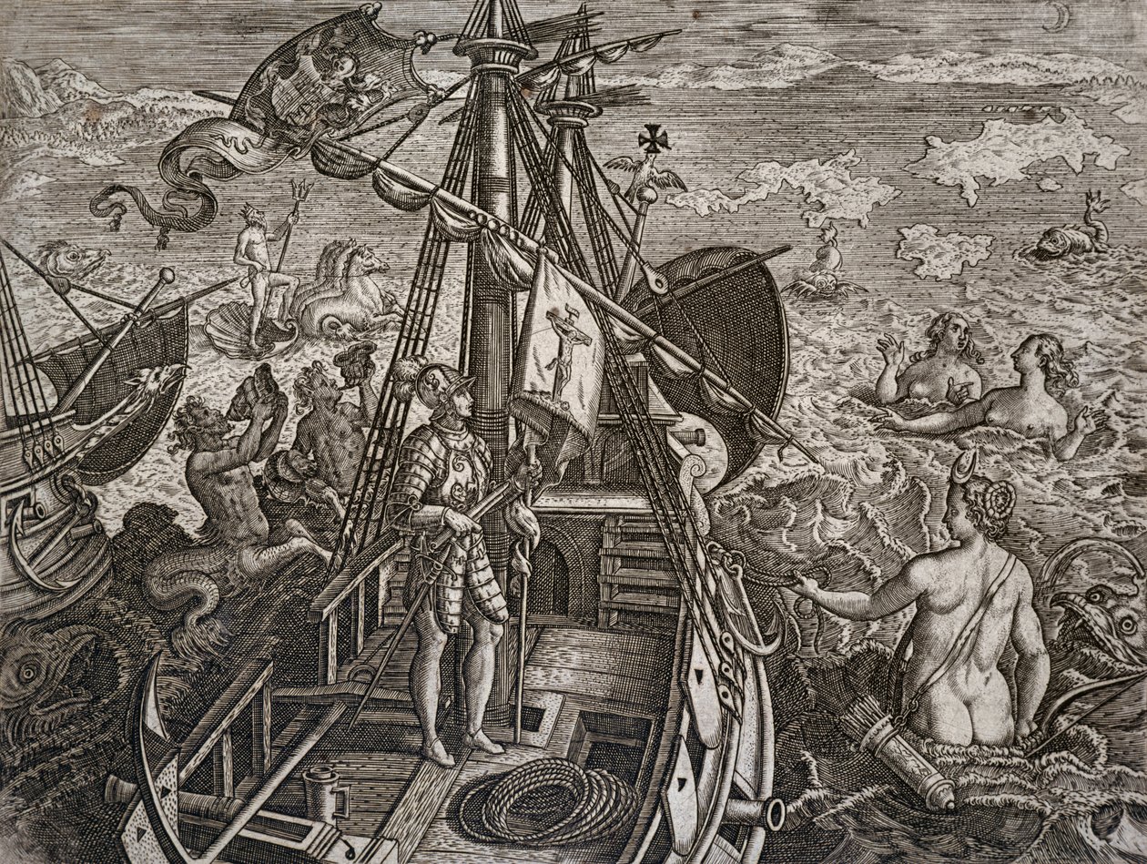 Alegoria podróży Krzysztofa Kolumba do odkrycia Nowego Świata, rycina Theodora de Bry (1528-1598) autorstwa Theodore de Bry
