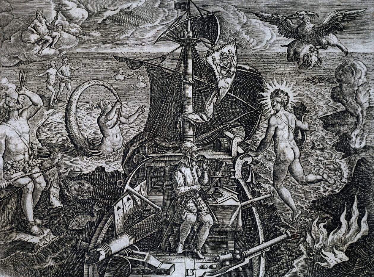 Alegoria podróży Ferdynanda Magellana (1480-1521), grawerowane przez Theodora de Bry (1528-1598) autorstwa Theodore de Bry