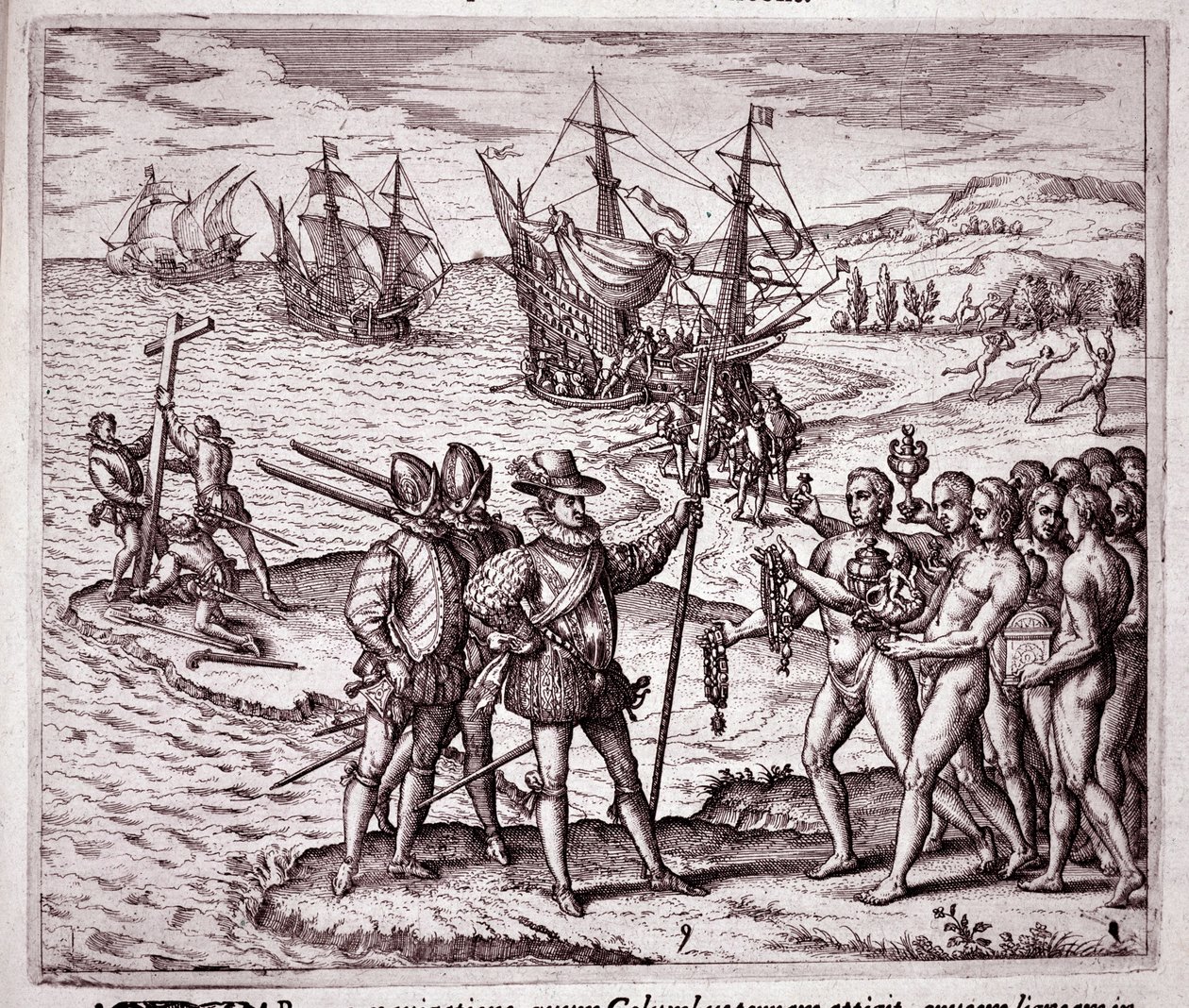 Przybycie Krzysztofa Kolumba na wyspę Hispaniola w Indiach Zachodnich (Grawerowanie autorstwa Theodore de Bry