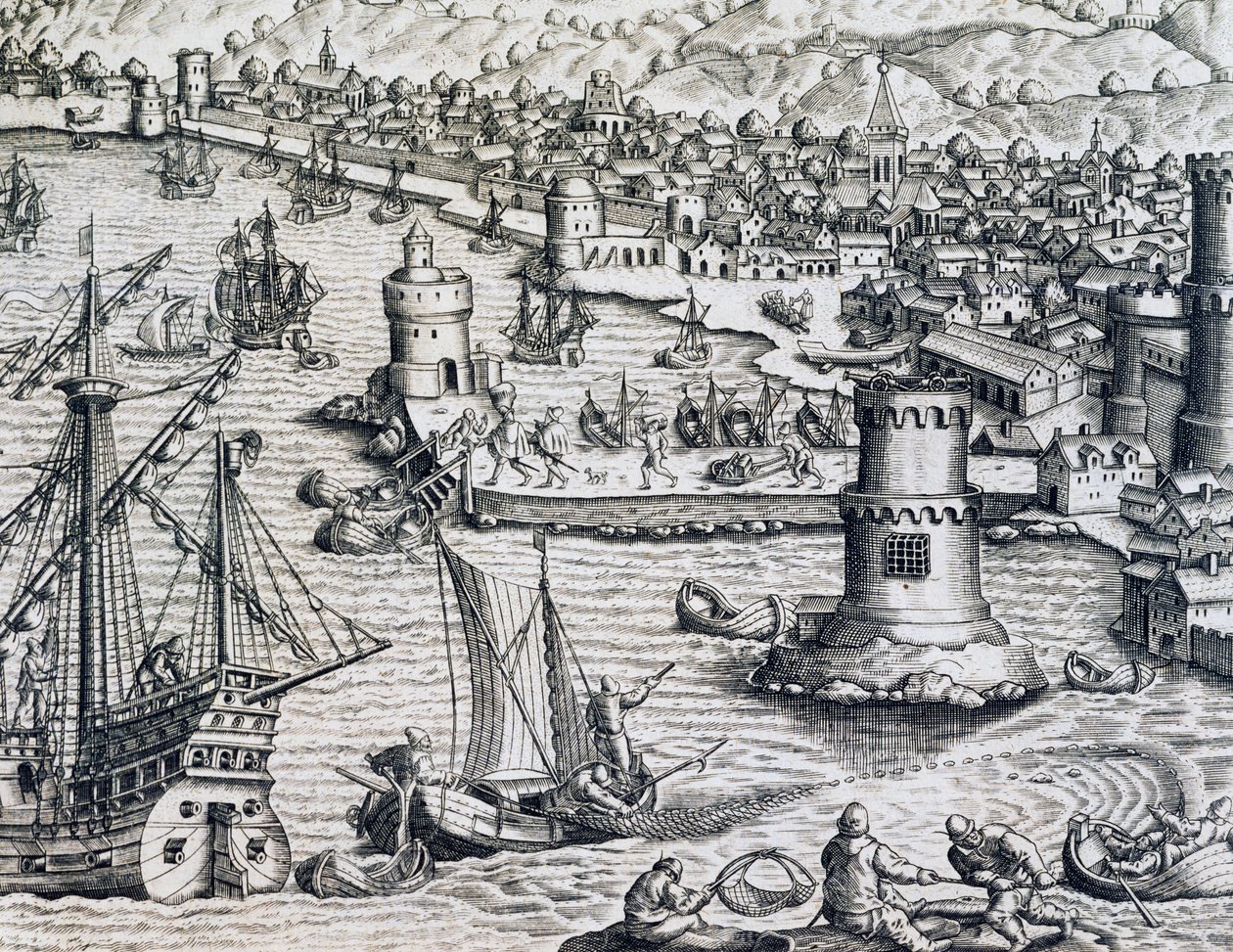 Przybycie Girolamo Benzoni do portu La Palma, rycina z Historii Americae, autorstwa Theodora de Bry (1528-1598), Frankfurt autorstwa Theodore de Bry
