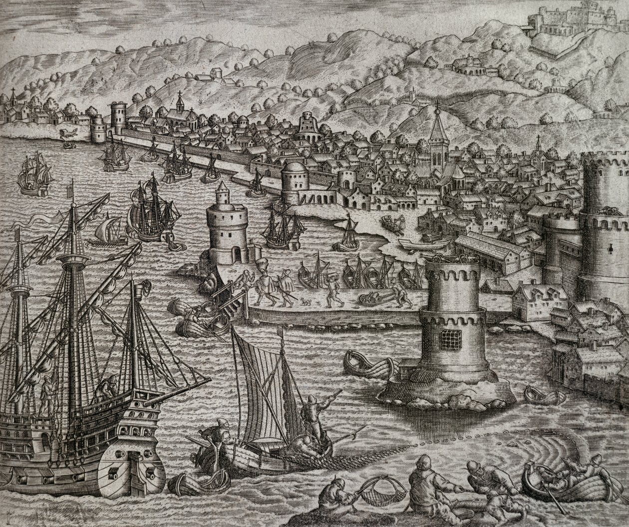 Przybycie Girolamo Benzoni do portu Las Palmas podczas jego podróży do obu Ameryk (1541), Wyspy Kanaryjskie, rycina Theodora de Bry (1528-1598) autorstwa Theodore de Bry