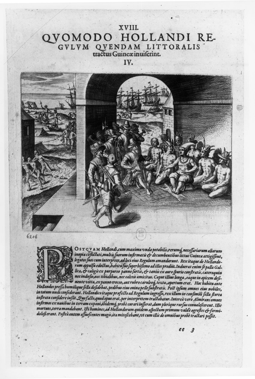 Przybycie holenderskich przywódców do Gwinei: negocjacje w sprawie zakupu niewolników przeznaczonych do sprzedaży hiszpańskim konkwistadorom, z „Petits Voyages”, 1585-88 autorstwa Theodore de Bry