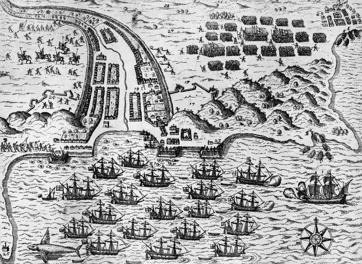 Atak na Santiago 27 listopada 1585 (rycina) autorstwa Theodore de Bry