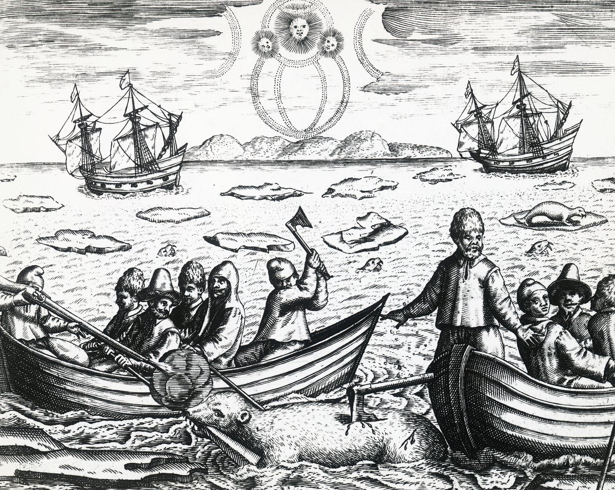 Polowanie na zorzę polarną i niedźwiedzia białego podczas trzeciej wyprawy prowadzonej przez Williama Barentsa (ok. 1550-1597) w poszukiwaniu Przejścia Północno-Wschodniego w 1596 r., Theodor de Bry (1528-1598), rycina autorstwa Theodore de Bry