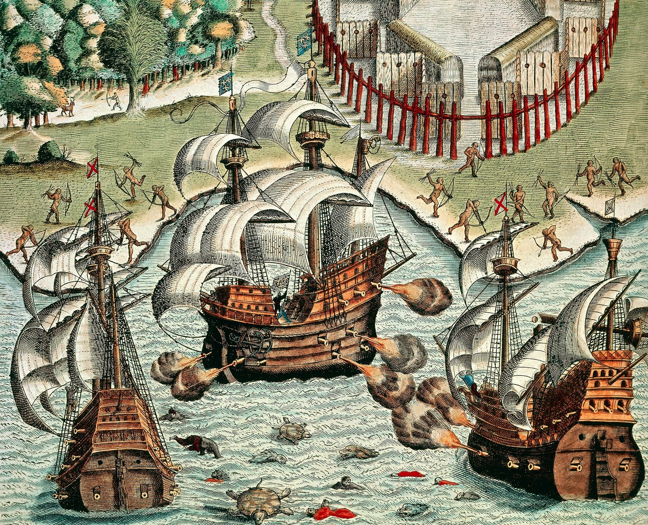 Bitwa między Francuzami i Portugalczykami u wybrzeży Buttugar autorstwa Theodore de Bry