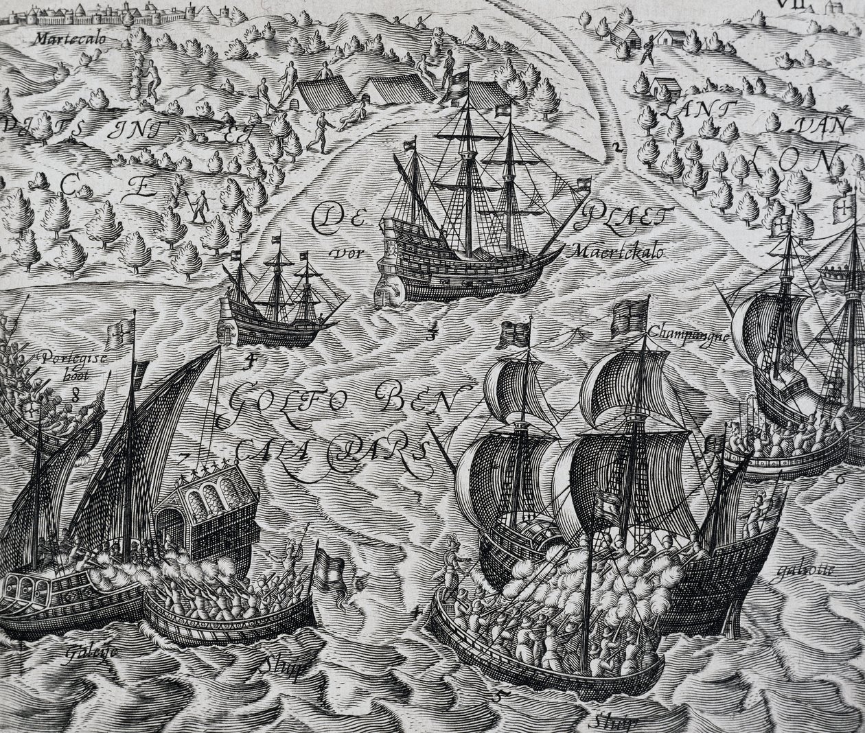 Bitwa przed miastem Matical w Zatoce Bengalskiej, grawerowanie z Indiae Orientalis, autorstwa Theodora de Bry (1528-1598) autorstwa Theodore de Bry