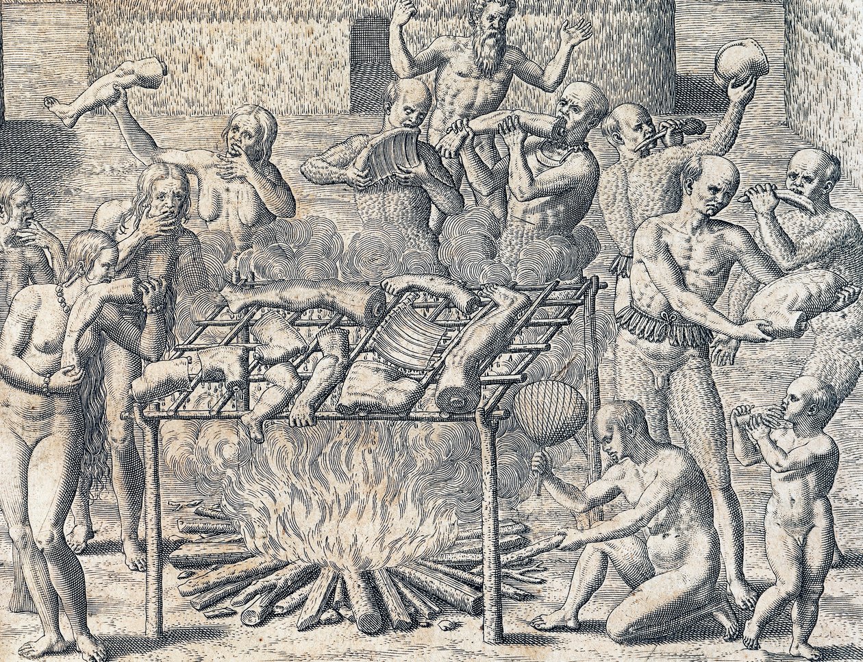Kanibalizm plemion we wnętrzu Brazylii, grawerowanie z historii Ameryki przez Theodore de Bry (1528-1598), Frankfurt, Ameryka Południowa autorstwa Theodore de Bry