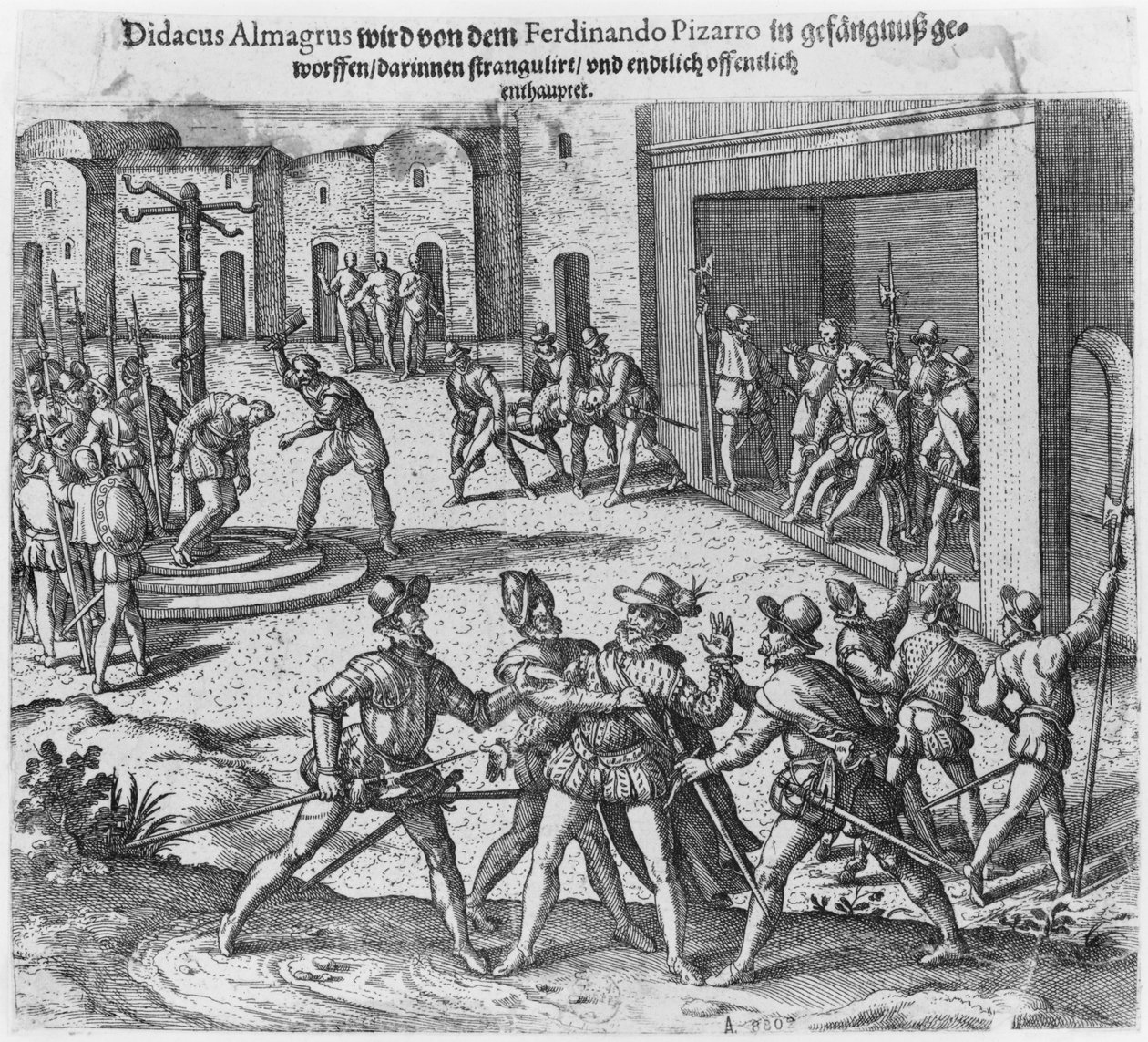Pojmanie, proces i egzekucja Diego de Almagro na rozkaz Francisco Pizarro autorstwa Theodore de Bry