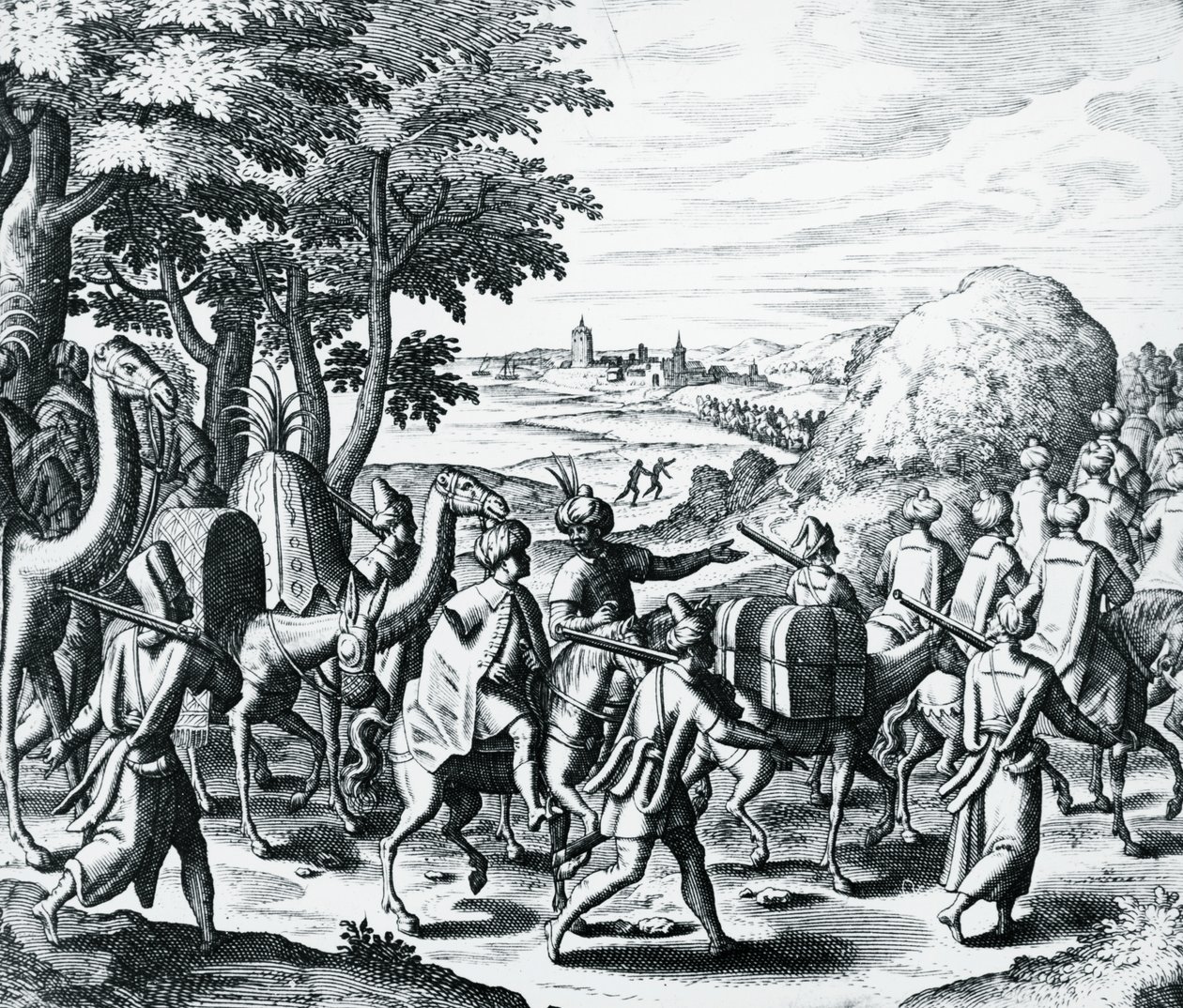 Karawana arabskich kupców podróżujących z Aleppo do Basry, grawerowanie z Grands and Petits Voyages, Theodor de Bry (1528-1598), Bliski Wschód autorstwa Theodore de Bry