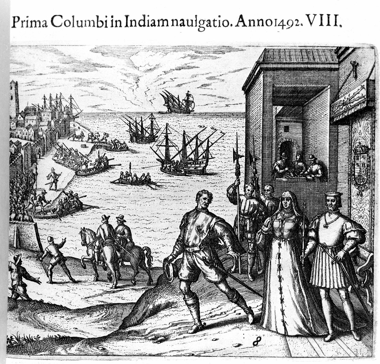 Krzysztof Kolumb i bracia Pinzon opuszczają port Palos w Hiszpanii 03.08.1492 i udają się do Nowego Świata. Prawo Król i Królowa Portugalii Katolicki Ferdynand II Aragoński i Izabela Iere z Kastylii. Grawer Theodore de Bry w „”Admirante autorstwa Theodore de Bry
