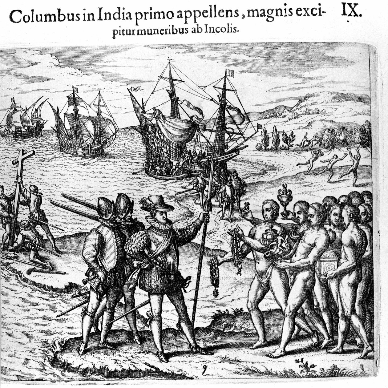 Krzysztof Kolumb przybywa do Indii Zachodnich. Rycina autorstwa Theodore de Bry w "Admirante Narratio - Americae" autorstwa Theodore de Bry