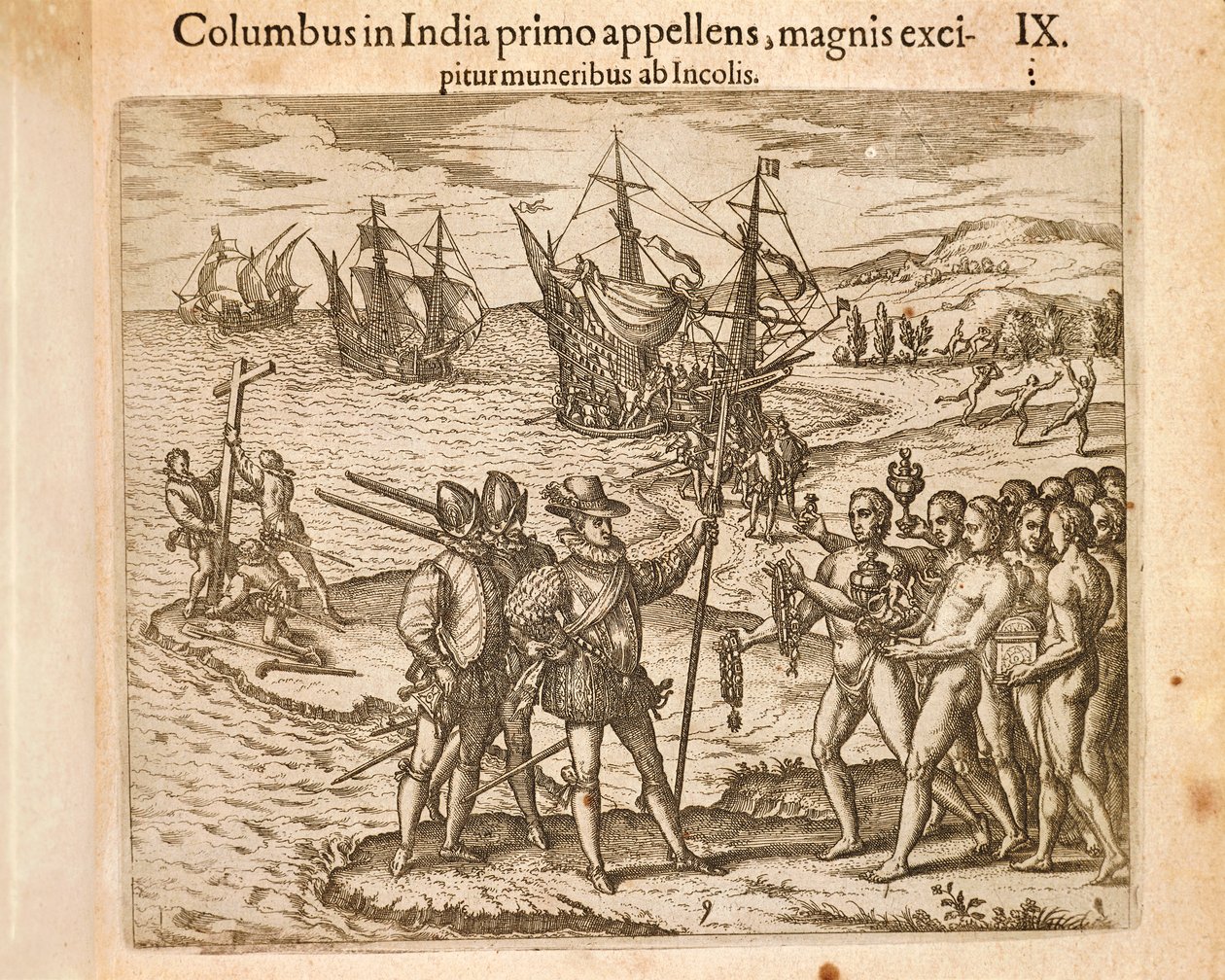 Krzysztof Kolumb lądujący na wyspie Guanahani (San Salvador) 12 października autorstwa Theodore de Bry