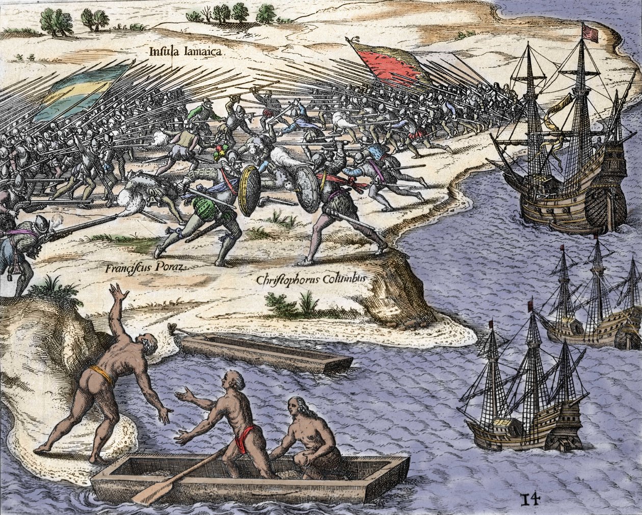 Czwarta podróż Krzysztofa Kolumba na Jamajkę w latach 1502-1504: bitwa z Francisco Porazem. Grawer z „Historia Americae sive Novi Orbis” Theodora de Bry (1527-1598), Amsterdam 1594. autorstwa Theodore de Bry